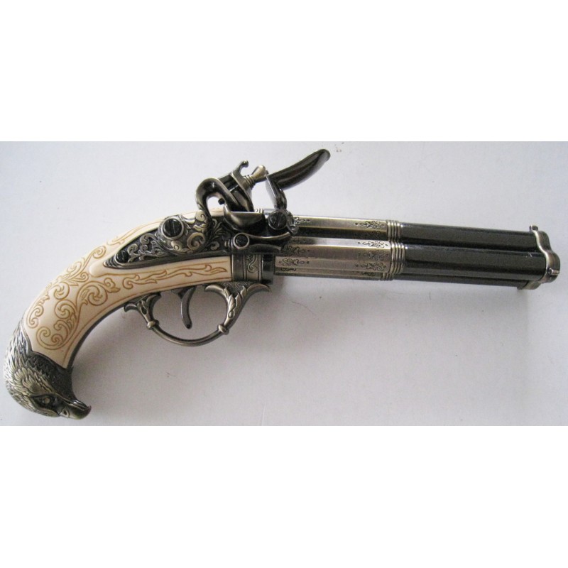 Long pistolet réplique silex double canon 18ème LOUIS XV Régence 52 cm