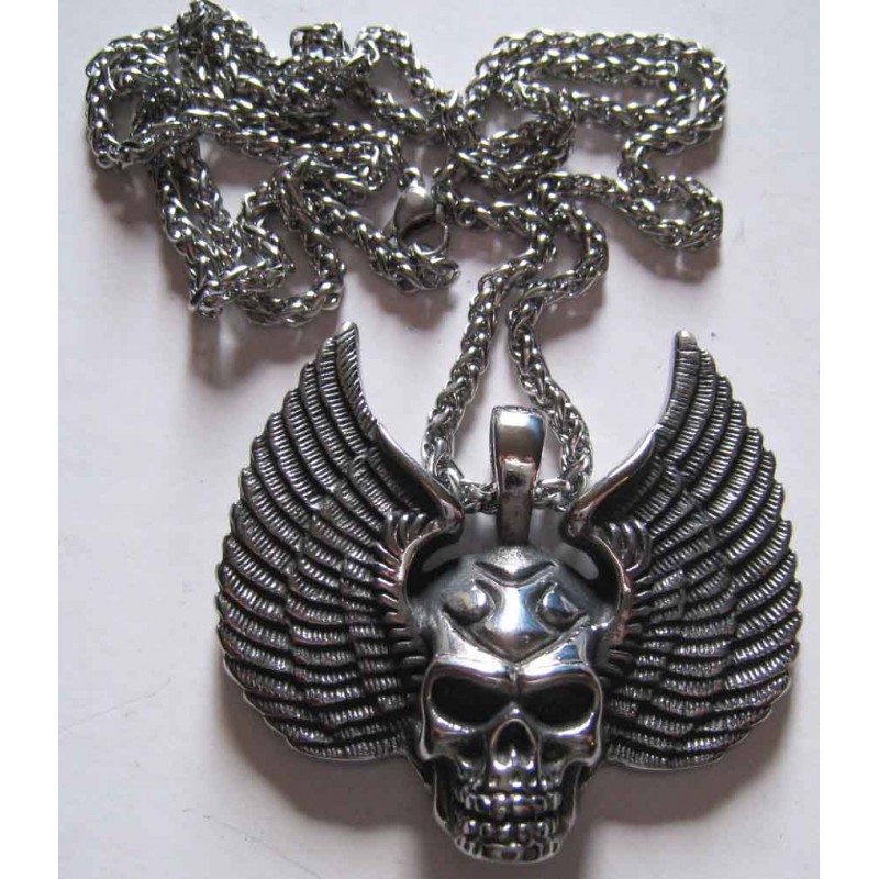 Pendentif Crâne Avec Ailes 3D En Acier Inoxydable - Style Biker Moto Western - Réf.83 - Neuf Sans Emballage